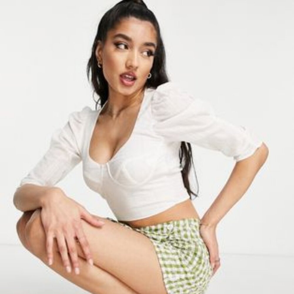 Stradivarius Textured Corset Top in Ecru